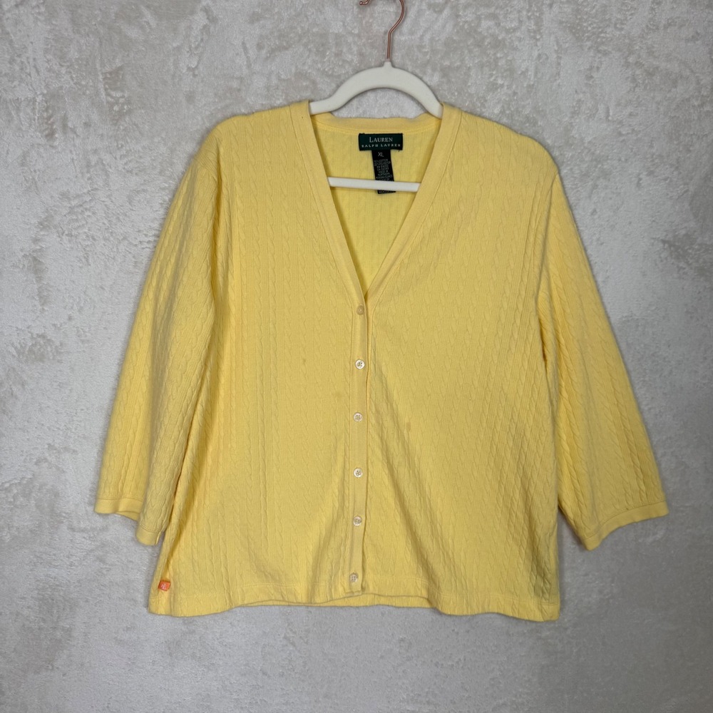 Lauren Ralph Lauren Womens XL Yellow Cable Knit V-Neck Button Cardigan Sweater
